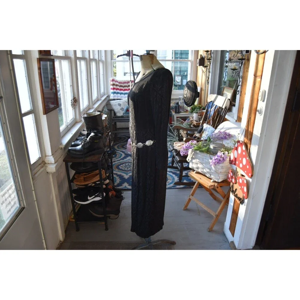 Vintage 1980s Santa Fe Dress Black Brocade Lined W Silver Tone Belt Size Medium